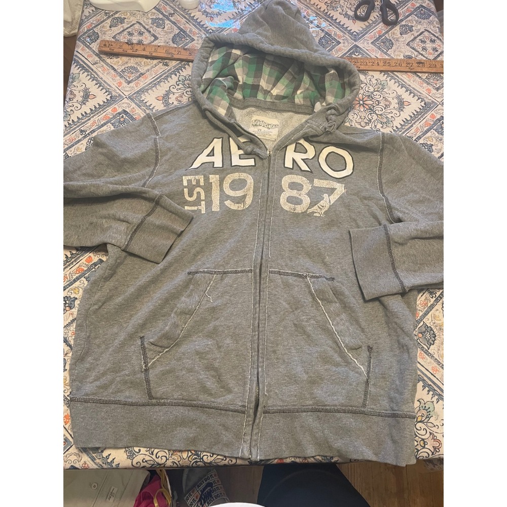 Aeropostale Mens XL Gray Full Zip Hoodie Plaid Lined Hood Aero 1987 Graphic